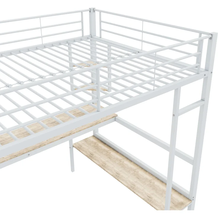 Weißes Metall-Hochbett 90×200cm mit Schreibtisch, vier dreieckigen Kleinregalen + großem Bücherregal, Stahl+E1-MDF, inkl. 24 Lattenroste, ohne Matratze, Gesamt L204,5 × T95 × H180,5 cm – Bild 9