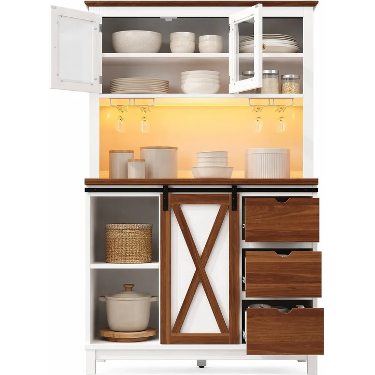 Hochschrank 104x40x180 cm mit LED-Lichtleiste, Schiebetür und verstellbaren Einlegeböden in Weiß – Bild 3