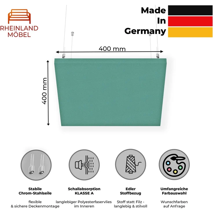 Rheinland Möbel FocusWall DAQ0404 – Quadratischer Akustik-Deckenabsorber 40×40 cm in Stofffarbe Campeche inkl. Chrom-Stahlseilen - Made in Germany - Klasse A, Stoffbezug, schwer entflammbar – Bild 2