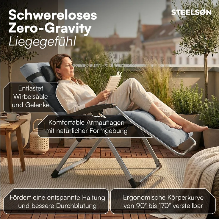 STEELSØN 'Lysira' Liegestuhl, klappbar & wetterfest, grau/silber, Sonnenliege mit extra dicker Polsterauflage, verstellbarer Gartenstuhl, bis 200 kg belastbar, 2er Set – Bild 3
