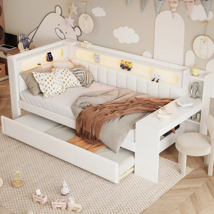 Gepolstertes 90x200 Tagesbett mit USB-Anschlüssen und LED-Gürtel, mit Ausziehbett und Schreibtisch, Weiß – Bild 4