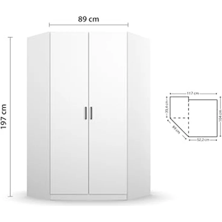 Rauch Möbel Allrounder Schrank Eckschrank Kleiderschrank Weiss, 2-türig, inkl. 2 Kleiderstangen, 5 Einlegeböden, BxHxT 117 x 197 x 104 cm – Bild 3