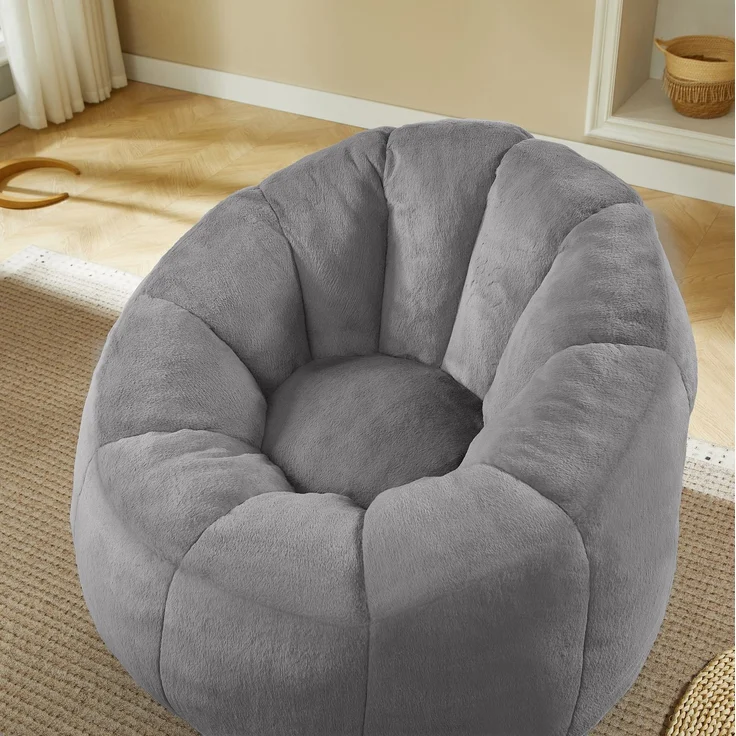 Sitzsack 105 x 105 x 70 cm mit Fußhocker – Blütenform aus Kaninchenfell-Imitat in Grau – Bild 2