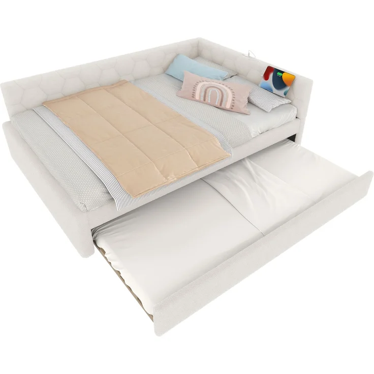 Daybett, 140*200cm Tagesbett, Schlafsofa, Bett mit Lattenrost (ohne Matratze), mit Nachttischlampe, mit multifunktionalem Ausziehbett, USB-Anschluss, Typ-C, Komfortmaterial, Vliesimitat, Weiß – Bild 8