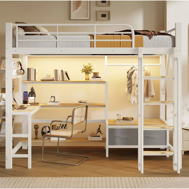 Hochbett 90x200 cm in Weiß mit Schreibtisch, LED-Lichtleiste und Stauraum – Ohne Matratze – Bild 3
