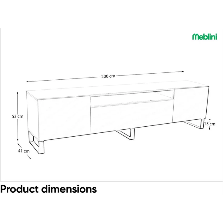 MEBLINI TV-Schrank 200cm Lang - Fernsehschrank - TV Lowboard Industrial - Unterschrank für Fernseher - TV-Unterschrank - TV-Schrank - NOEMI - 200x41x53cm - Schwarz Matt – Bild 5