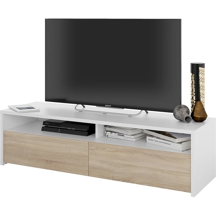 Wohnzimmer-TV-Ständer mit zwei Türen mit Vasistas-Öffnung und zwei kleinen Fächern, weiße Farbe mit eichenfarbenen Türen, Maße 130 x 36 x 40 cm – Bild 7
