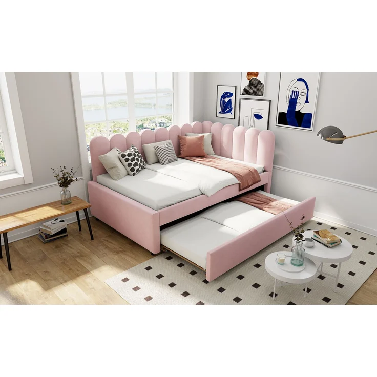 ZUBALIYA Schlafsofa 140x200 cm, Ausziehbett, mit Polsterstoffbezug, Rosa, ohne Matratze – Bild 25