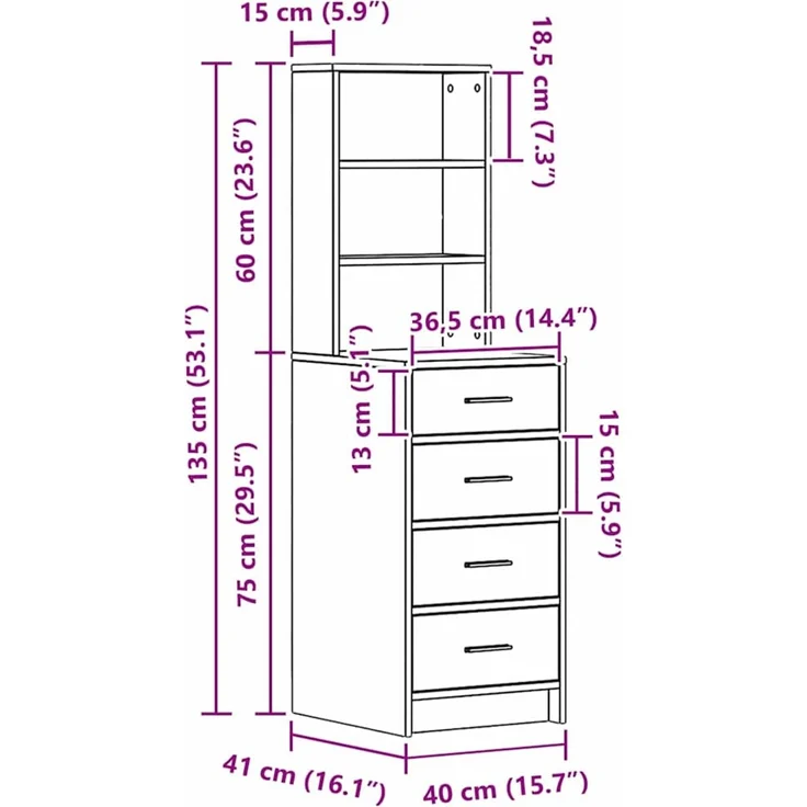 vidaXL Hochboard mit Schubladen Weiß 40 x 41 x 135 cm Holzwerkstoff 865046 – Bild 12