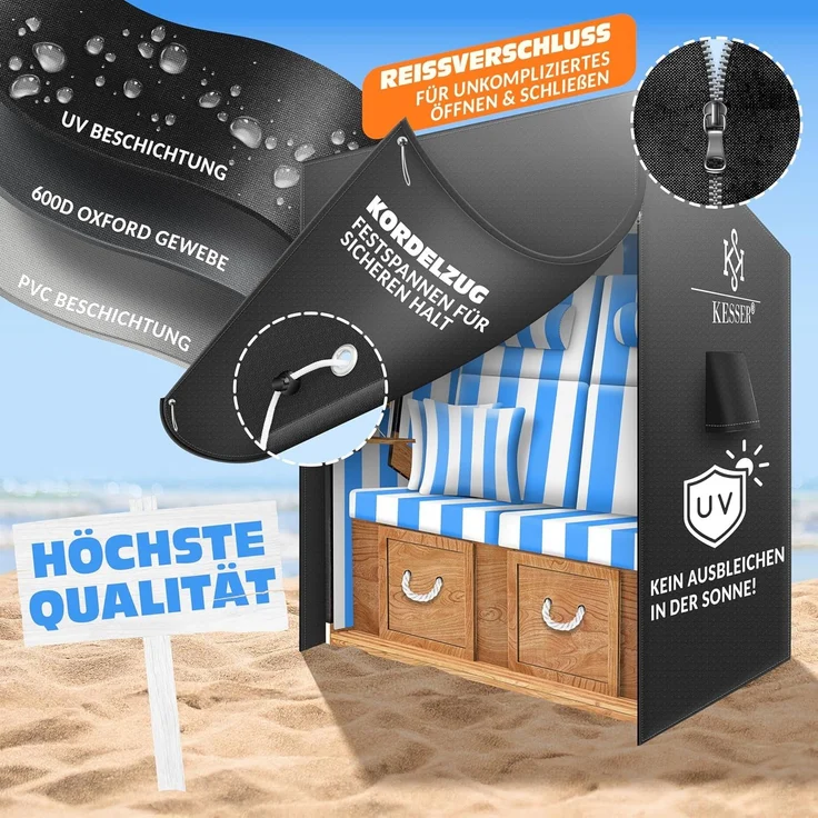 KESSER® Premium Strandkorb Schutzhülle mit Belüftungsöffnungen, Strandkorbhülle Wasserdicht, Winterfest UV-Beständiges, Schwerlast Reißfest 600D Oxford Gewebe Abdeckung (135x100x160/150cm) Schwarz, 155cm – Bild 4