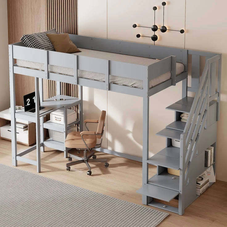 Hochbett 90x200 cm Kinderbett aus massivem Kiefernholz mit Stauraum,Treppe & Ablageregal,platzsparend,sicher,Grau – Bild 2