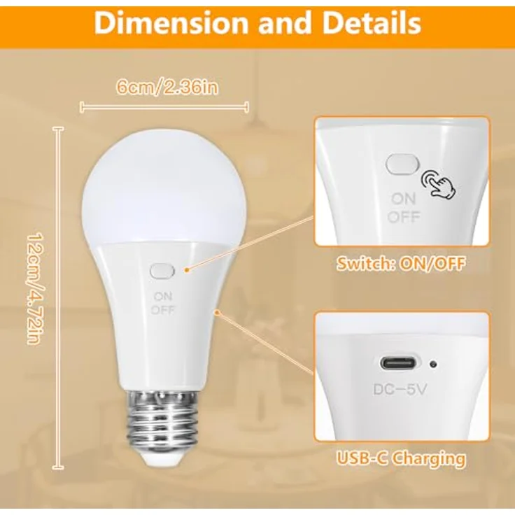 Dehobo Glühbirne Mit Batterie E27 Aufladbare Glühbirne Mit Fernbedienung - 7W Type-C Ladung Camping Lampe 3 Farben Dimmbare - Akku birne Mit Timing Funktion Mit Taste, Outdoor Lampe 1 Pack – Bild 7