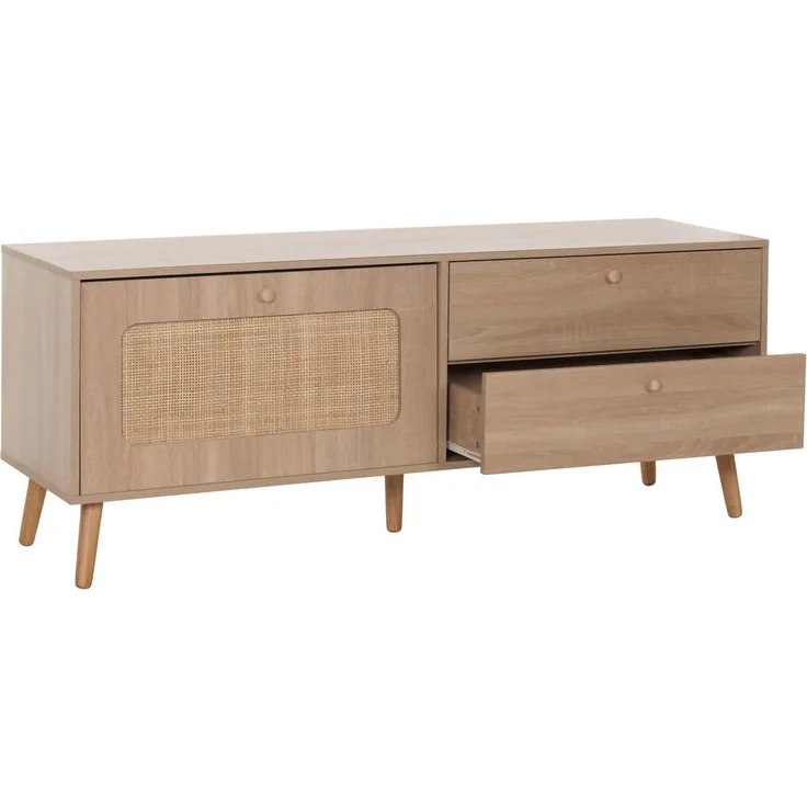 MCW TV-Rack M38, Eiche Artisan, Lowboard mit Kubu Rattan-Türe, 2 Schubladen, 140x56x41 cm