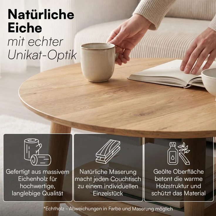skølm 'Mjölnir' Couchtisch rund, Massivholz Eiche, natur geölt, Wohnzimmertisch Ø70 cm, Beistelltisch für Wohnzimmer mit Ablage – Bild 2