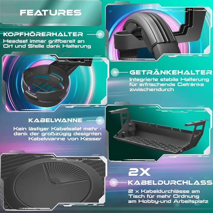 KESSER® Gaming Tisch LED, Z-Form Gamer Schreibtisch, Kopfhörerhaken & Kohlebeschichtung, Ergonomischer PC Computertisch. Stabiler Tisch mit Mauspad & Getränkehalter 100 x 60 cm, Schwarz Carbon – Bild 5