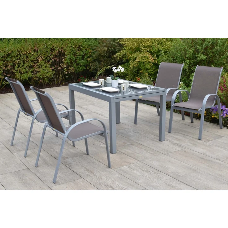Amalfi Gartenmöbel Set 5tlg, 4 Stapelsessel, Ausziehtisch 160 (220) x 90 cm, Aluminium/Textil – Bild 2
