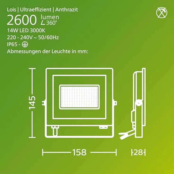 Philips Lois ultraeffizienter Flutlichtstrahler für den Außenbereich, exkl. Bewegungssensor, 14 Watt, 3000K weißes Licht, Anthrazit – Bild 3