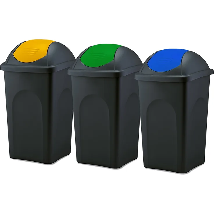 BigDean 3x Mülleimer groß 60L - schwarz - mit Schwingdeckel gelb, grün & blau - aus Kunststoff - Müllsammler Abfalleimer Mülltonne Abfallbehälter - Made in Italy