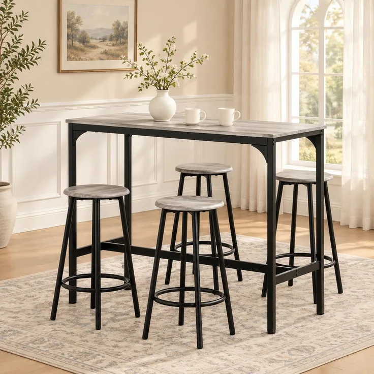 Bartisch-Set 110 x 50 x 89,5 cm mit 4 Barhockern – platzsparend in Grau und Schwarz