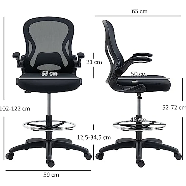 Vinsetto Ergonomischer Bürostuhl, Schwarz, höhenverstellbar mit Mesh-Gewebe und klappbaren Armlehnen, 65x122x59 cm – Bild 3
