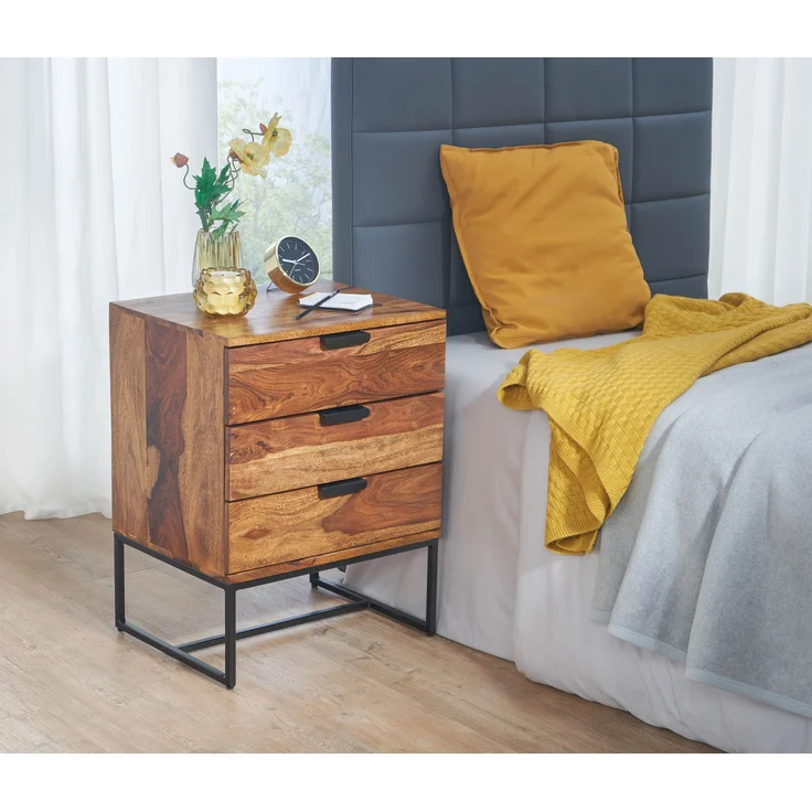 FINEBUY Nachttisch FB86843 (50 x 40 x 65 cm Sheesham Massivholz Metall, Industrial), Nachtkästchen mit Schubladen, Nachtkonsole Modern – Bild 2