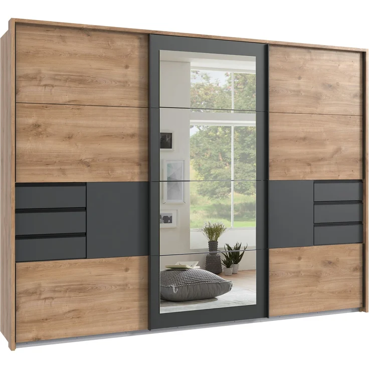 Schwebetürenschrank Kleiderschrank 273 Passep. Spiegel Schubl. Grafit Eiche Dekor – Bild 1