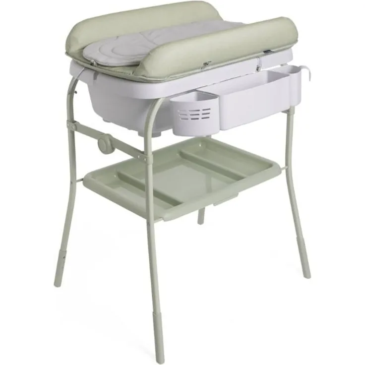 Chicco Cuddle & Bubble Ergonomische Babywanne mit Ständer und Wickeltisch mit Auflage und Weichem Reduzierkissen, Höhenverstellbar, Kompakte Schließung, max. 11 kg, Grau und grün