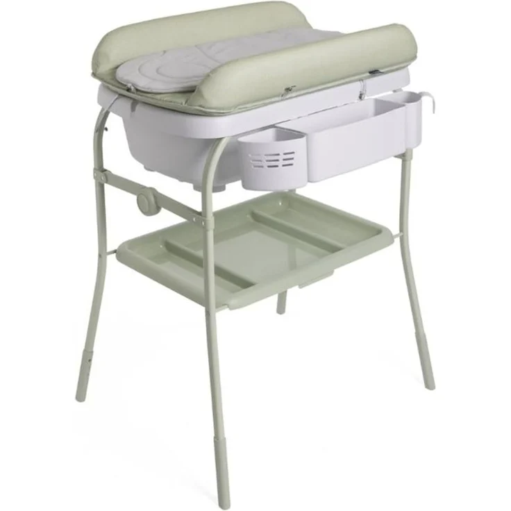 Chicco Cuddle & Bubble Ergonomische Babywanne mit Ständer und Wickeltisch mit Auflage und Weichem Reduzierkissen, Höhenverstellbar, Kompakte Schließung, max. 11 kg, Grau und grün