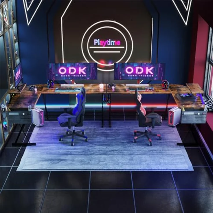 ODK Gaming Tisch, Computertisch, Gaming Schreibtisch mit runder Ecke, Gaming-Tisch mit Monitorablage (Weinlese, 167x120 cm) – Bild 3