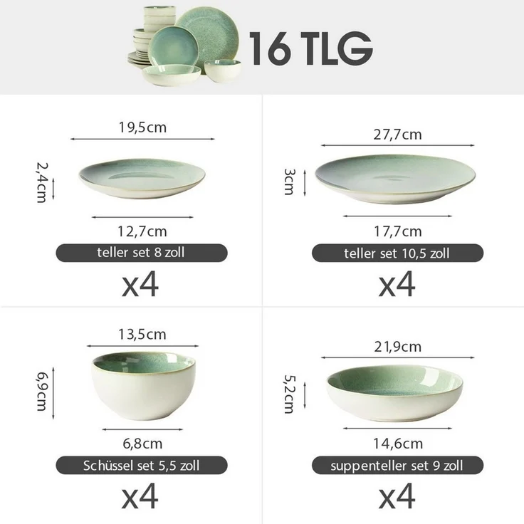 JIWOO Geschirr-Set 16er Kombiservice Teller-Set Tafelservice Schüssel-Set Speiseteller (16-tlg), 4 Personen, Keramik, Hochwertiges Geschirr set Grün Mikrowellen spülmaschinenfest – Bild 1
