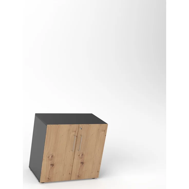 Rheinland Möbel Flügeltürenschrank Cabino 80×42×75 cm – abschließbarer Aktenschrank 2OH in Graphit/Asteiche mit 110° Drehtüren & Metallgriff