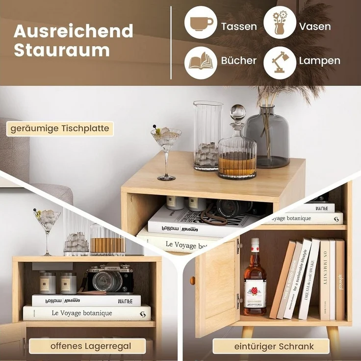 KOMFOTTEU Nachttisch (2-St), mit Türschrank & Offenem Regal – Bild 2