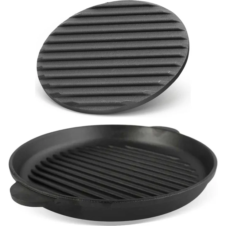Ø30cm Grillpfanne aus Gusseisen Bräter mit Pressdeckel Schmortopf zwei Griffe Servierpfanne Grill – Bild 1