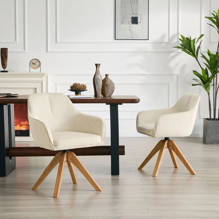 360° drehbarer Esszimmerstuhl mit Massivholzbeinen im 2er-Set, Bezogen mit beigem Stoffpolster, Schaumstoffsitz, ergonomisch geformte Rückenlehne, moderner, leicht luxuriöser Esszimmerstuhl.--Weiß, Holz--58x46x82cm--YOUDENOVA – Bild 2