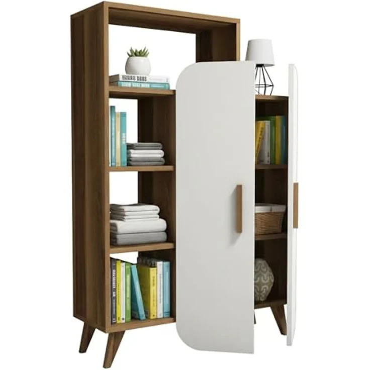 Dmora - Kommode Capella, Wohnzimmerbuffet, Wohnzimmer-Sideboard, Moderne Küchen-Speisekammer, 90x32h132 cm, Walnuss und Weiß – Bild 4