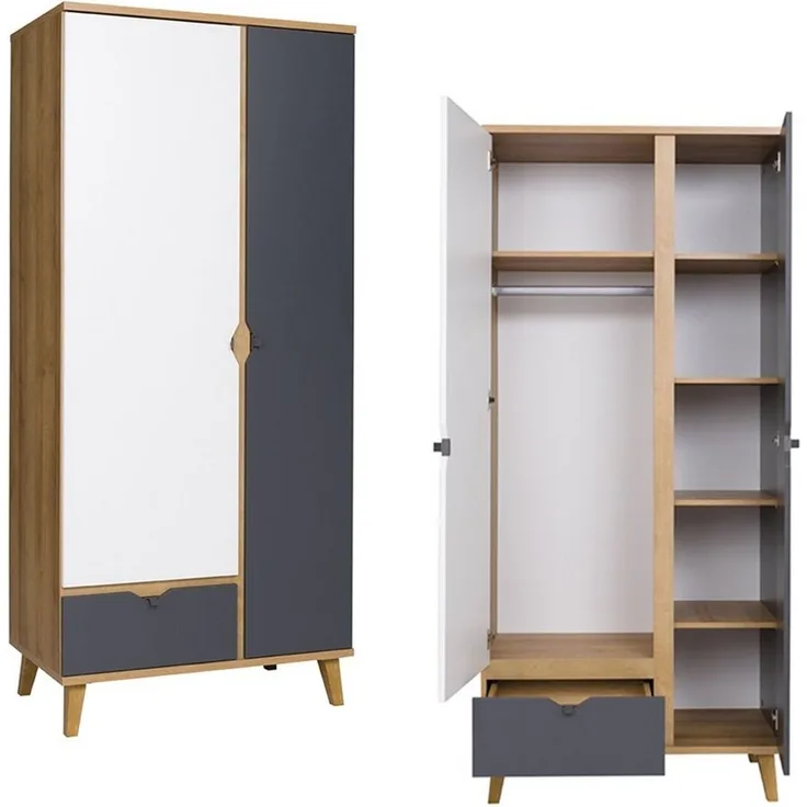Lomadox Jugendzimmer-Set MARIBOR-132, (Sparset, 4-tlg), Kleiderschrank Schreibtisch Wandboard Kommode Eiche weiß graphit
