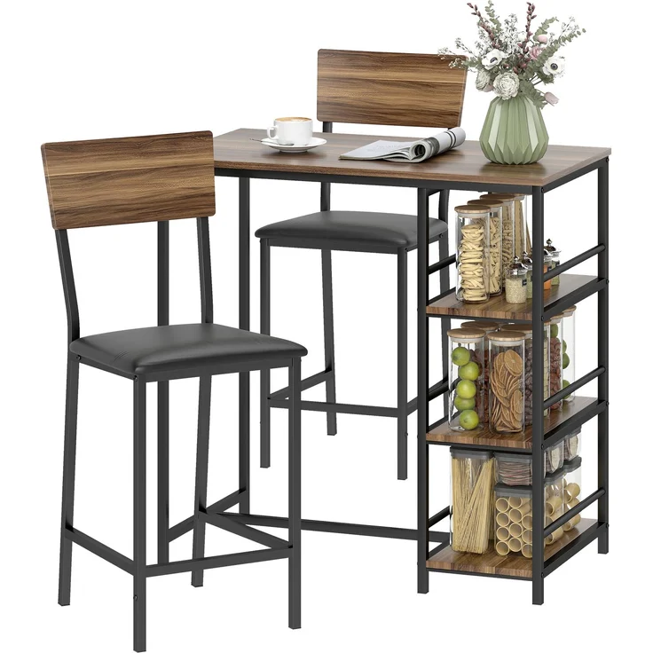 MELAYR, Bartisch-Set mit 2 Hockern, Hoher Küchentisch und 2 gepolsterte Barhocker, Walnuss, 109 x 57 x 24 cm, Nussbaum – Bild 2