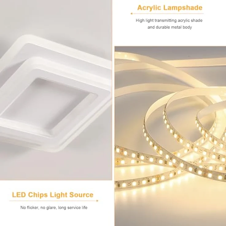 Goeco LED Deckenleuchte Innen, 44W Quadratisch Deckenlampe Moderne, 3000K Warmweiß Licht LED Deckenbeleuchtung Acryl für Flur, Küche, Schlafzimmer, Wohnzimmer, Weiß – Bild 4