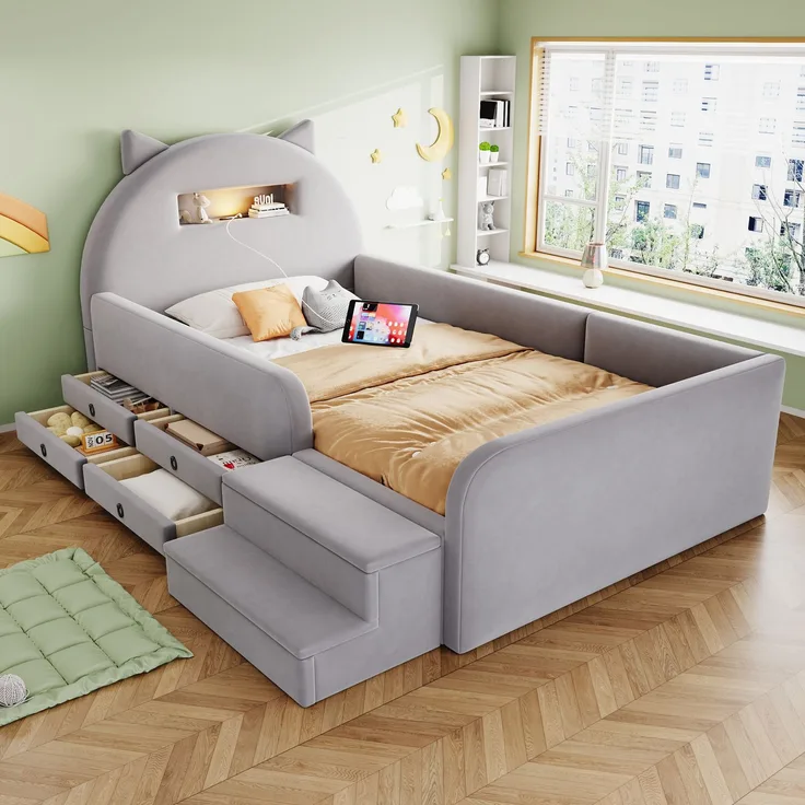 LVHOM Kinderbett 90x200cm mit Rausfallschutz, Polsterbett mit Nachtlicht, USB, Schubladen und Stufenbank, Samt, Hellgrau