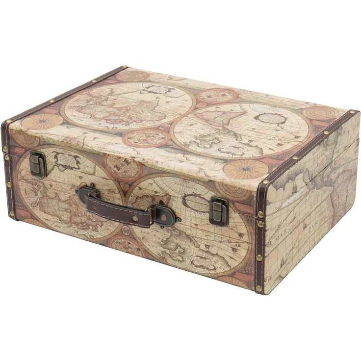 HMF Aufbewahrungsbox Handgefertigter Vintage Koffer aus Holz, Deko Koffer, Geschenkkoffer im Weltkarten Design 44 x 32 x 16 cm