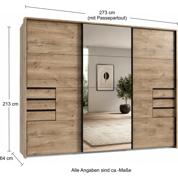 Schwebetürenschrank Kleiderschrank 3trg 273cm Eiche Dekor Spiegel u Passepartout – Bild 9