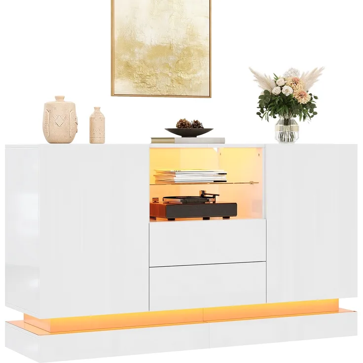 ZUBALIYA Sideboard 140x40x80 cm, mit LED-Beleuchtung, Hochglanz, mit 2 Türen, aus Spanplatte, Weiß