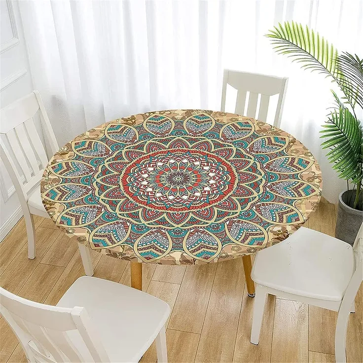 FANSU Tischdecke Abwaschbar Rund 150cm, Ideal für 130cm-140cm, Mandala Elastisch Rund Outdoor Tischdecken Modern Wasserdicht Fleckschutz Tische Gartentischdecke für Küche