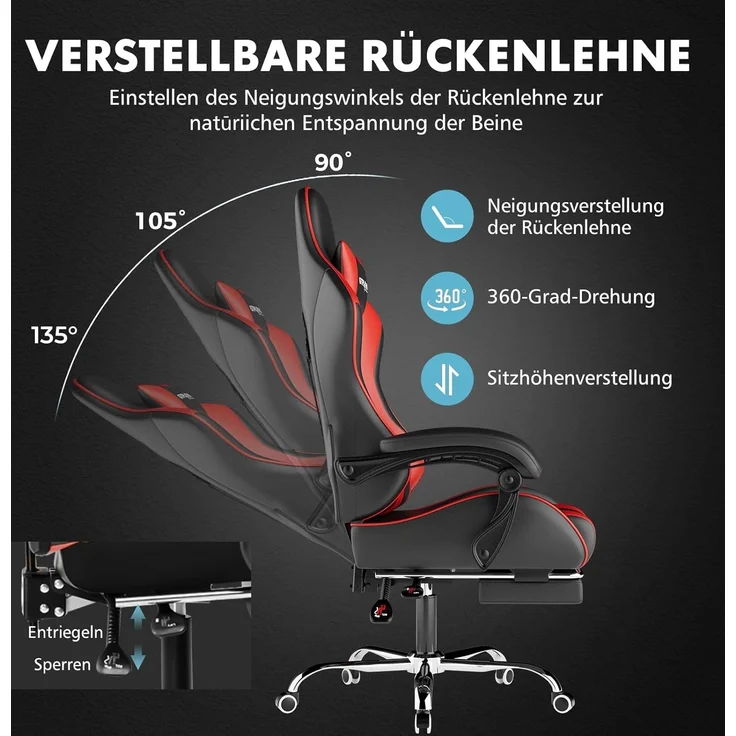 GTPLAYER Gaming Stuhl, Bürostuhl, Ergonomischer Pc Stuhl, Gaming Sessel mit Massagelendenwirbelstütze, Task Stühle mit Fußstütze und Kopfstütze, Rot Kunstleder – Bild 6