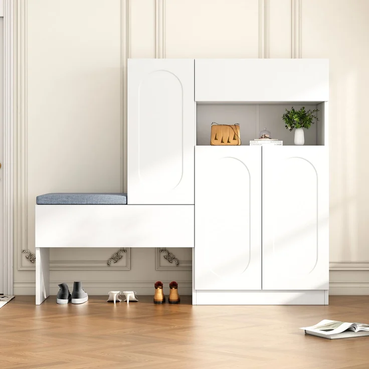 Trendiger 2-in-1 Schuhschrank mit gewölbten Türen – Klapptür mit Soft-Close-Funktion, höhenverstellbaren Fächern und gepolsterter Sitzbank,Weiß,130×35×110cm – Bild 2