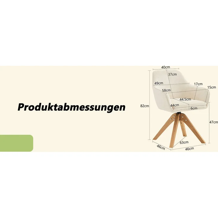 360° drehbarer Esszimmerstuhl mit Massivholzbeinen im 2er-Set, Bezogen mit beigem Stoffpolster, Schaumstoffsitz, ergonomisch geformte Rückenlehne, moderner, leicht luxuriöser Esszimmerstuhl.--Weiß, Holz--58x46x82cm--YOUDENOVA – Bild 9