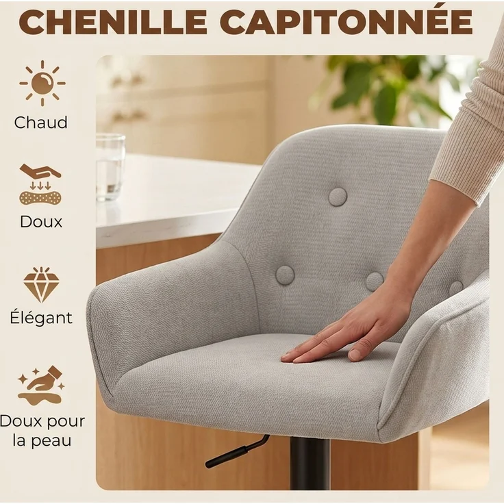 Barhocker, 2er-Set, Barstühle aus Chenille, höhenverstellbar, um 360° drehbar, mit Rückenlehne und Fußstütze, grau – Bild 6