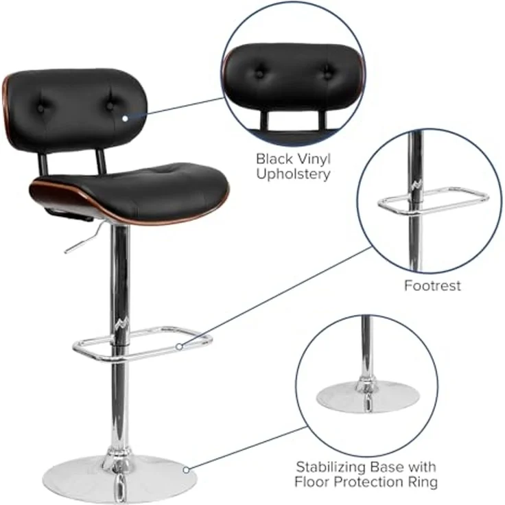 Flash Furniture Barhocker aus Walnussholz mit Verstellbarer Höhe und mit Knöpfen gestepptem schwarzem Vinyl-Polster – Bild 5