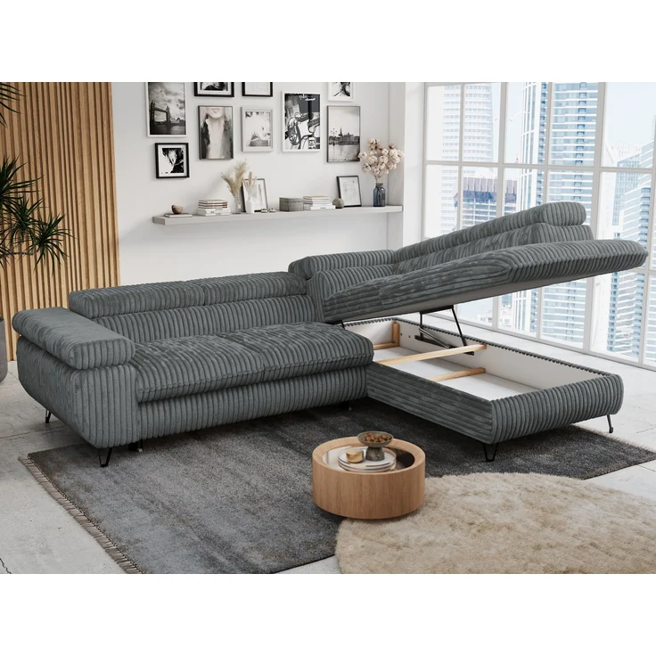 Mks Möbel 'Peter L-form' Ecksofa mit Bettfunktion, Bettkasten & einstellbaren Kopfstützen, Dunkelgrau, Cord, mit Topper, rechts – Bild 3