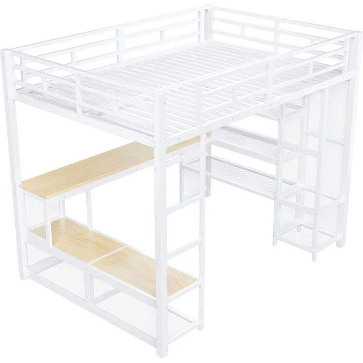 U-life Metall-Hochbett 140x200 cm mit Schreibtisch, offenem Kleiderschrank, LED-Beleuchtung und USB-Ladestation, Weiß – Bild 6